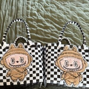 LAST CHANCE 🎄Two Brand New Labubu Black/White Nylon Tote w/ Plush Labubu Design